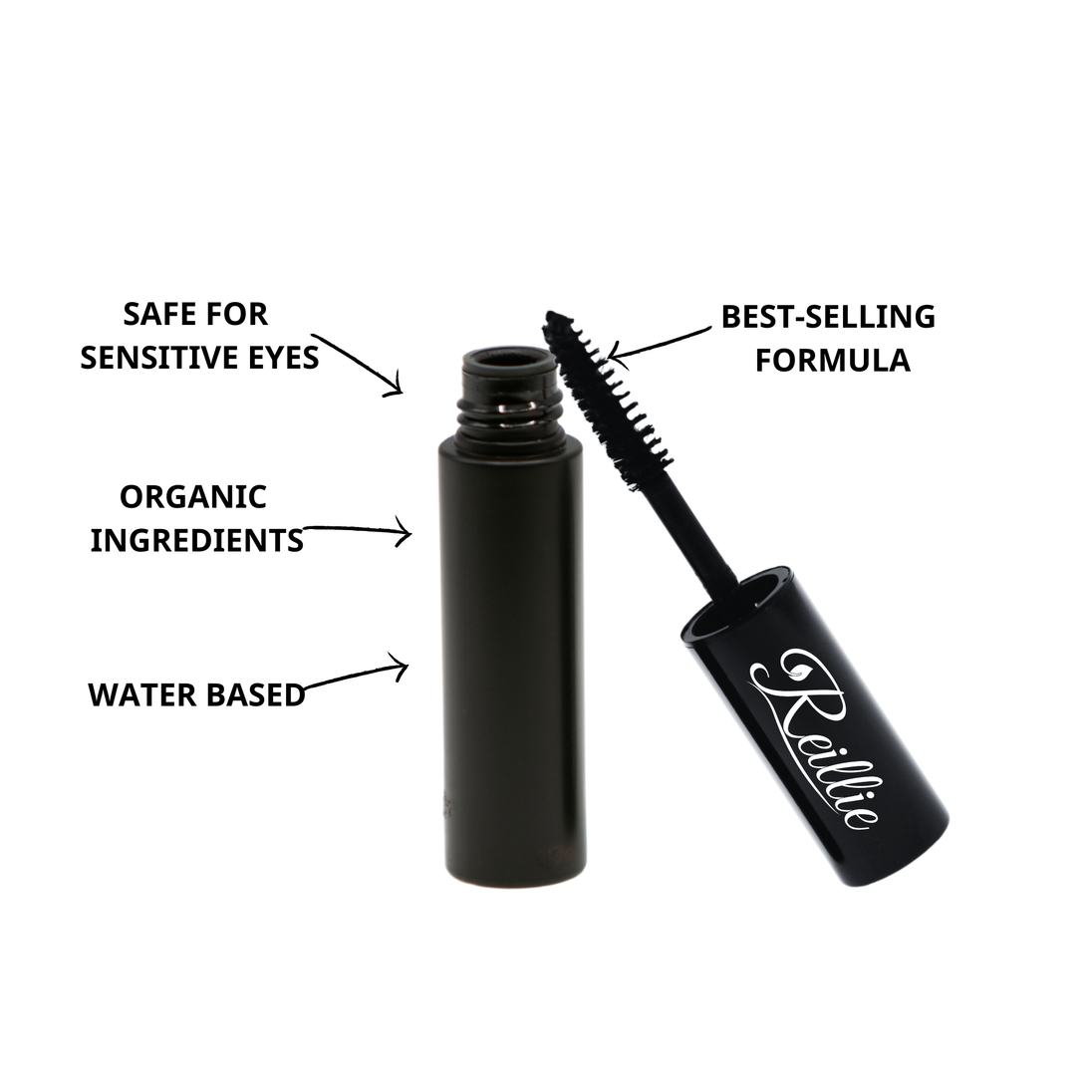 Reillie Beauty Organic Black Mascara with taglines: safe for sensitive eyes, organic ingredients, water-based formula