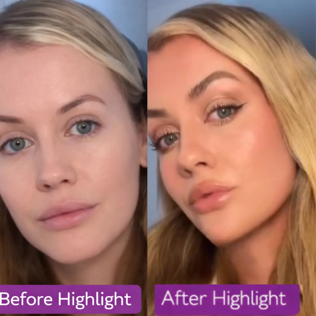 Before and after highlighting comparison of a woman's face with visible makeup changes.