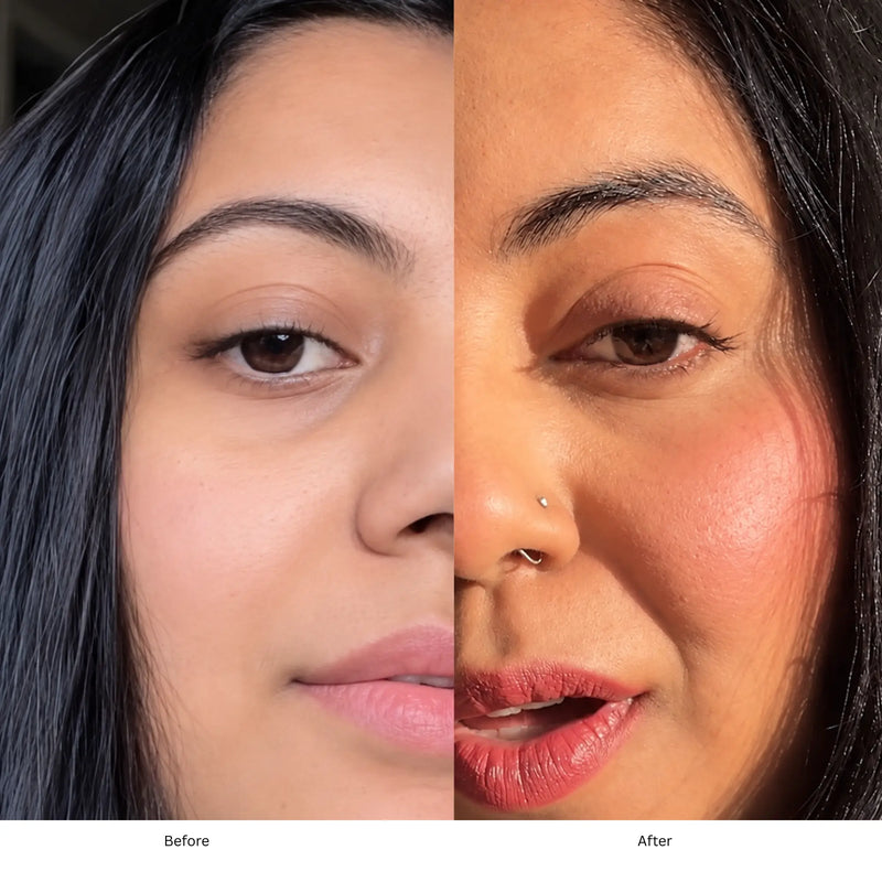 A close-up before-and-after split comparison of a woman's face, showing natural skin on the left labeled 'Before' and more vibrant, flushed skin on the right labeled 'After'.