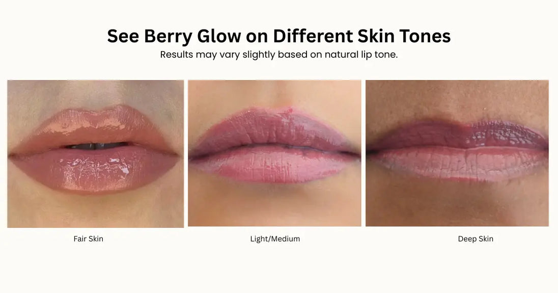 Berry glow Lip gloss color swatches on different skin tones 