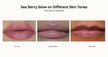 Three close-up lip swatches showing Berry glow glossy lips labeled Fair Skin, Light/Medium, and Deep Skin. 