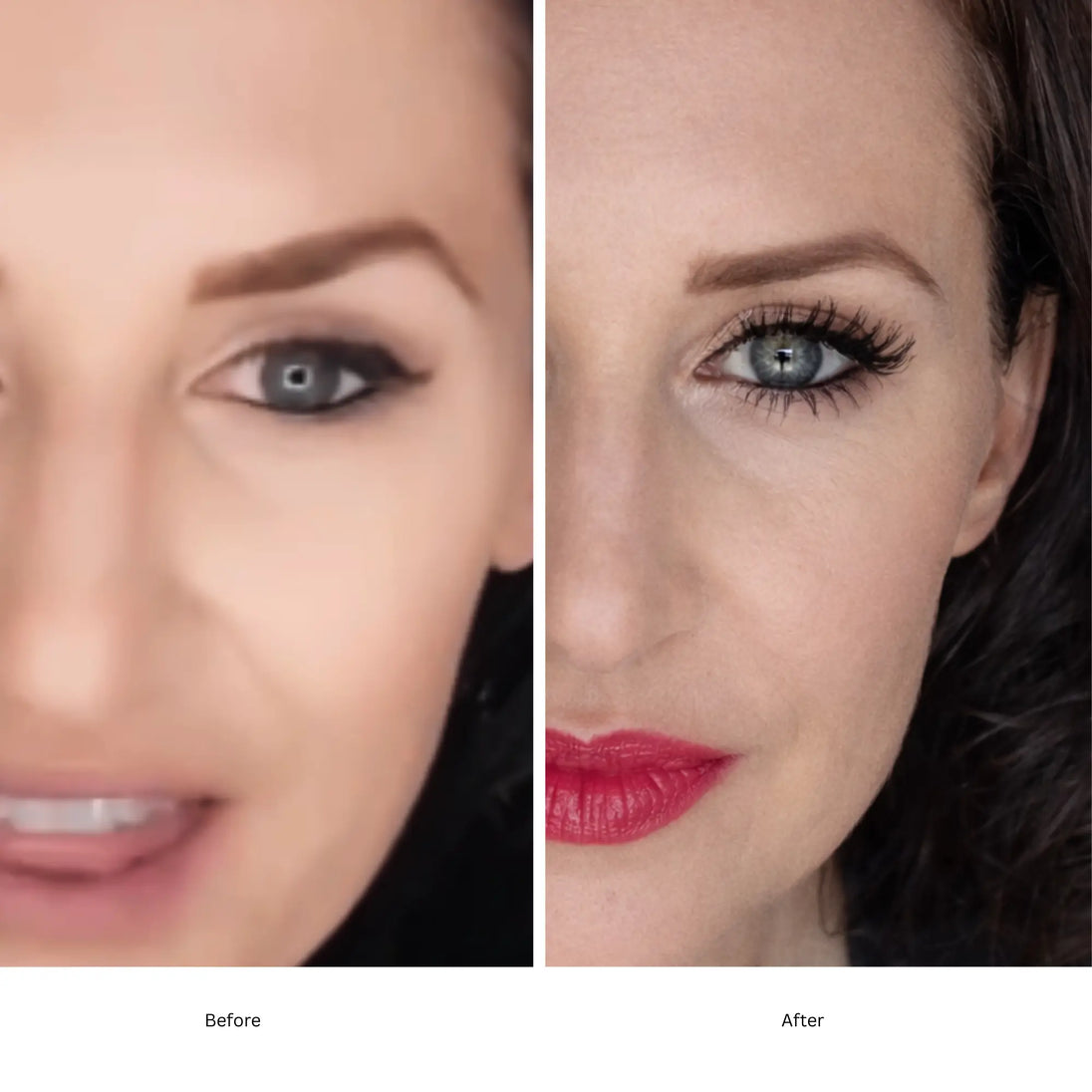 Before and after mascara comparison on a woman's face.