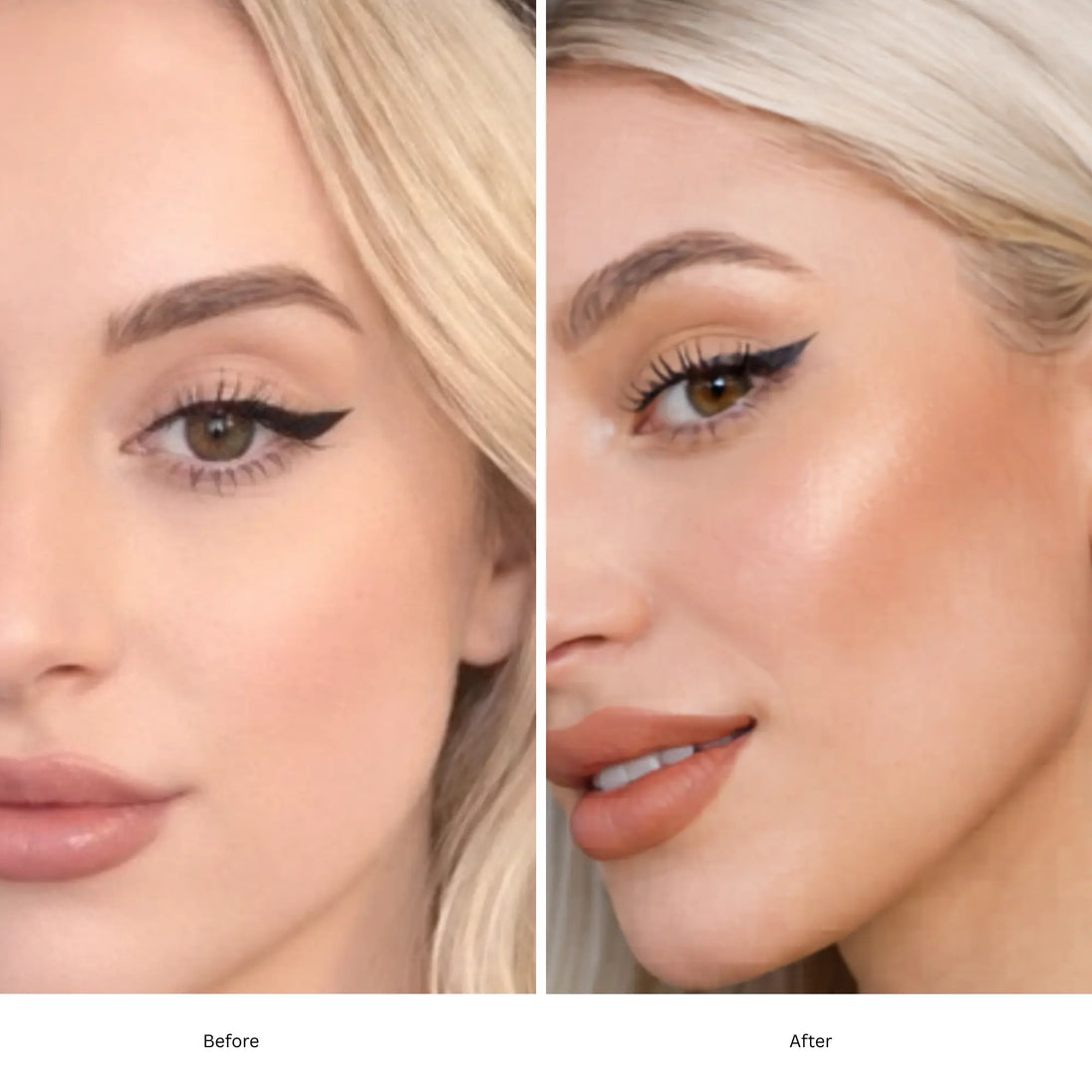 Before and after bronzer comparison of a woman's face with focus on cheek.