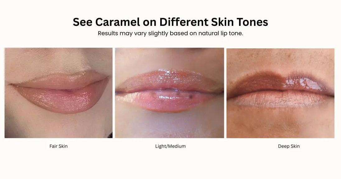 Caramel Lip gloss color swatches on different skin tones 