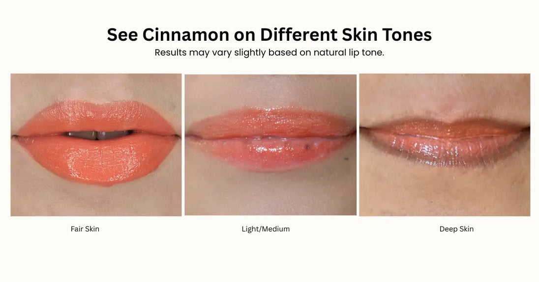 Cinnamon Lip gloss color swatches on different skin tones 