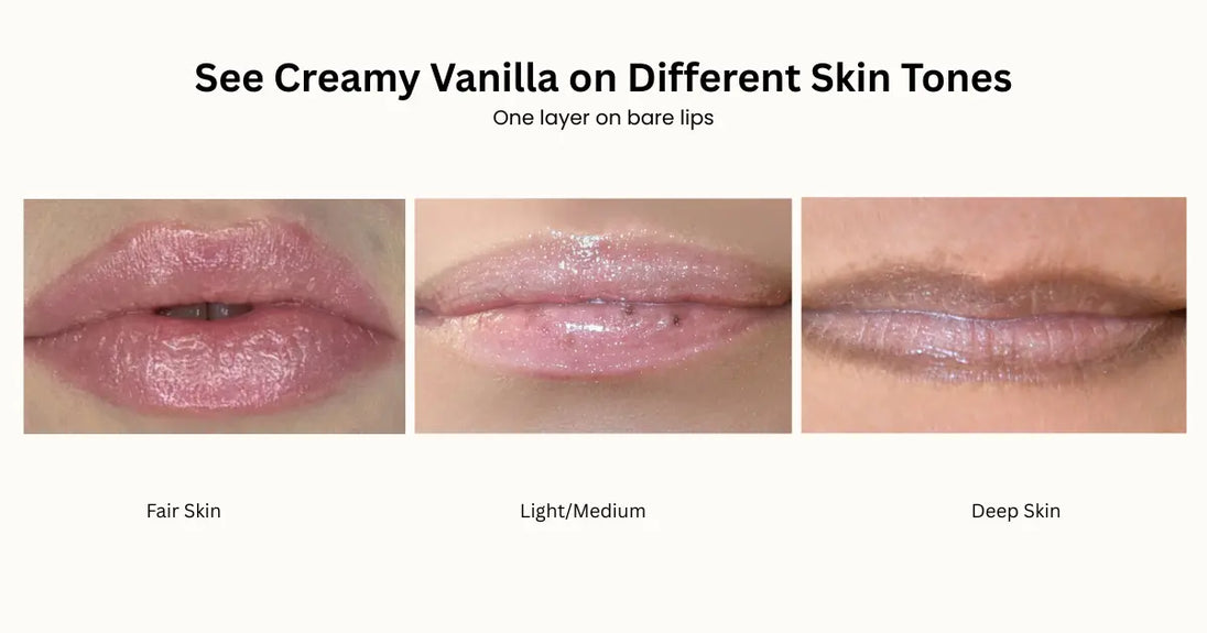 Three close-up lip swatches showing Creamy Vanilla glossy pink lips labeled Fair Skin, Light/Medium, and Deep Skin. 