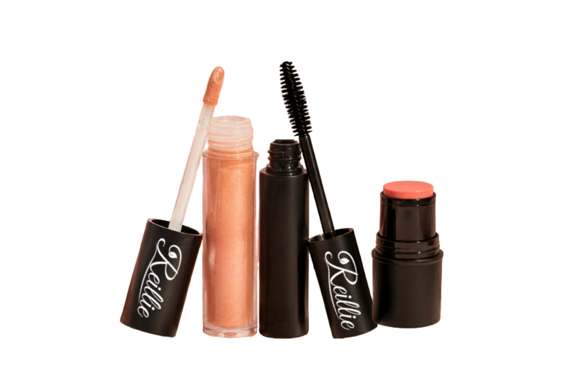 Set of makeup products including lip gloss, mascara, and lipstick on a white background
