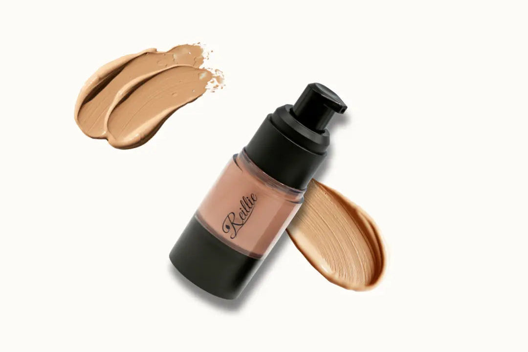 Liquid makeup foundation bottle shown with shade swatches on a white background.