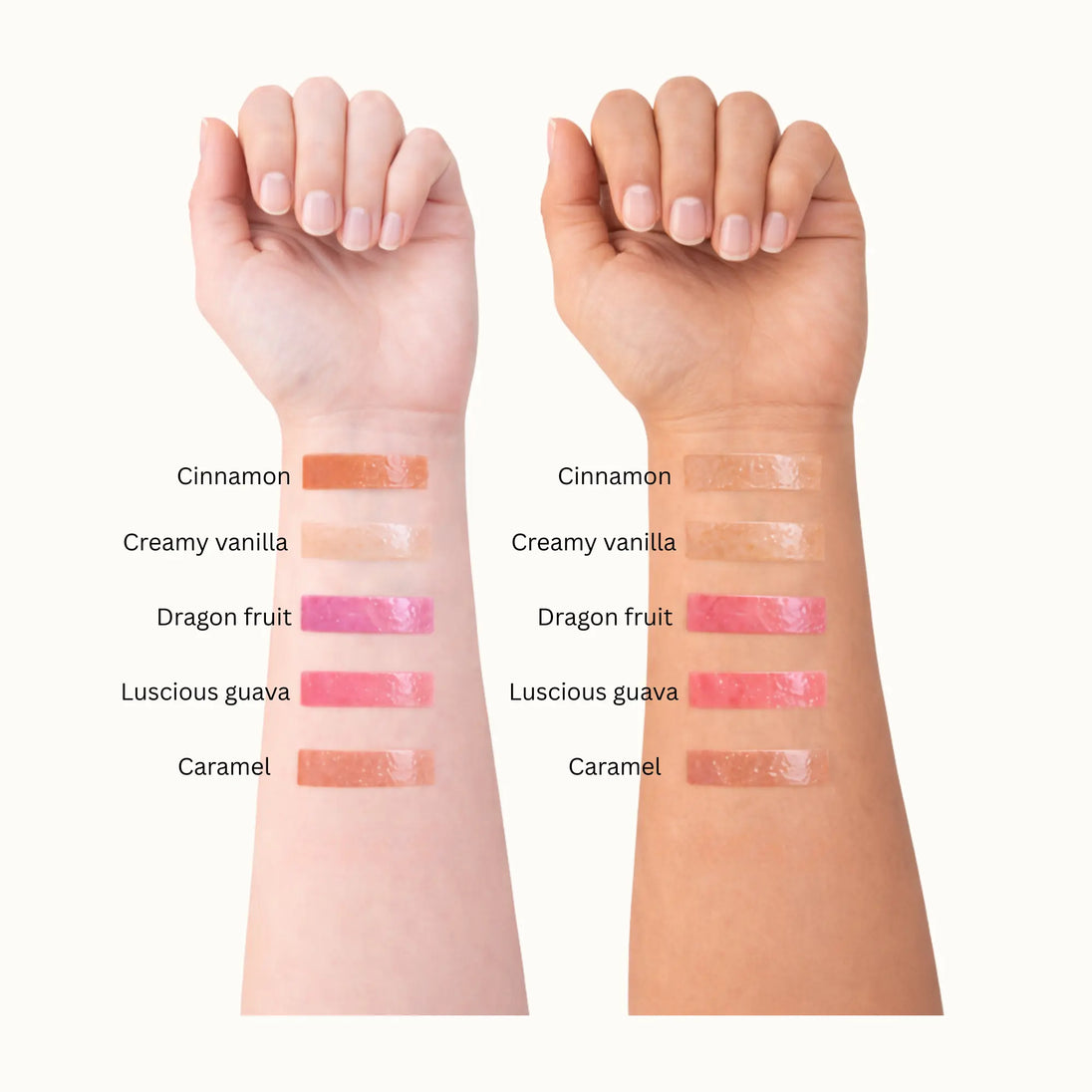 Two arms with different colored lip glosses swatches 