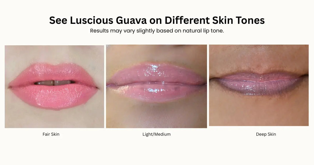 Luscious guava Lip gloss color swatches on different skin tones 