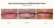 Three close-up lip swatches showing Creamy Luscious guava glossy pink lips labeled Fair Skin, Light/Medium, and Deep Skin. 