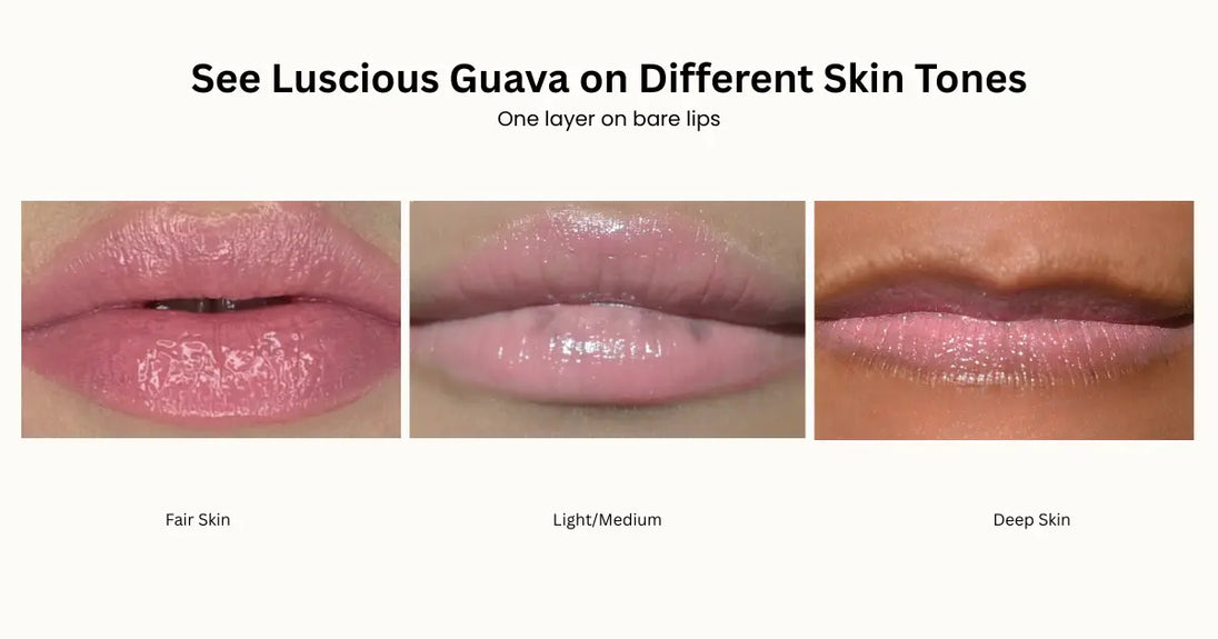 Three close-up lip swatches showing Creamy Luscious guava glossy pink lips labeled Fair Skin, Light/Medium, and Deep Skin. 