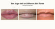 Three close-up lip swatches showing Sugar veil glossy lips labeled Fair Skin, Light/Medium, and Deep Skin. 