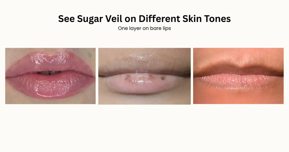 Three close-up lip swatches showing Sugar veil glossy lips labeled Fair Skin, Light/Medium, and Deep Skin. 