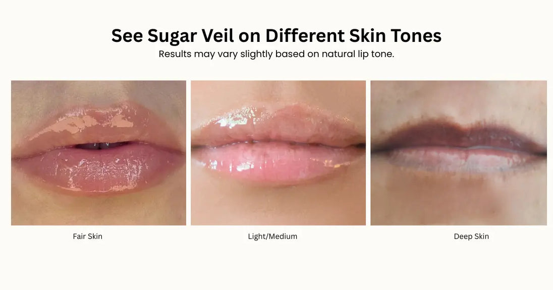 Sugar veil Lip gloss color swatches on different skin tones 