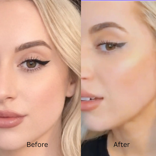 Before and after comparison of a woman's face with bronzer application.