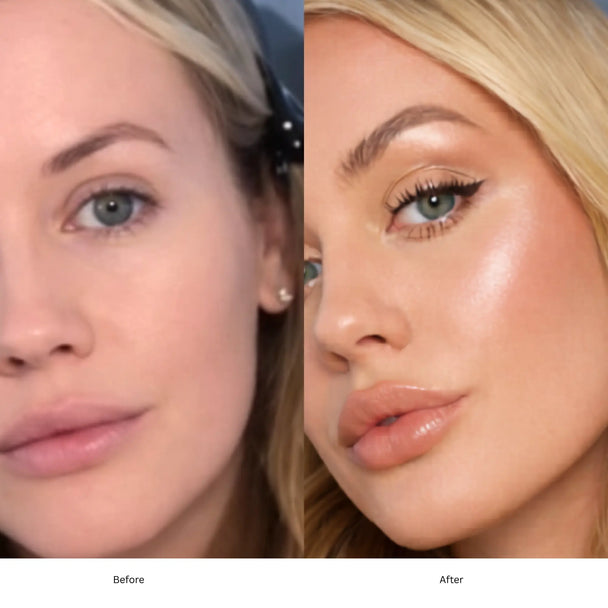 Before and after comparison of a woman's face with highlighter changes.