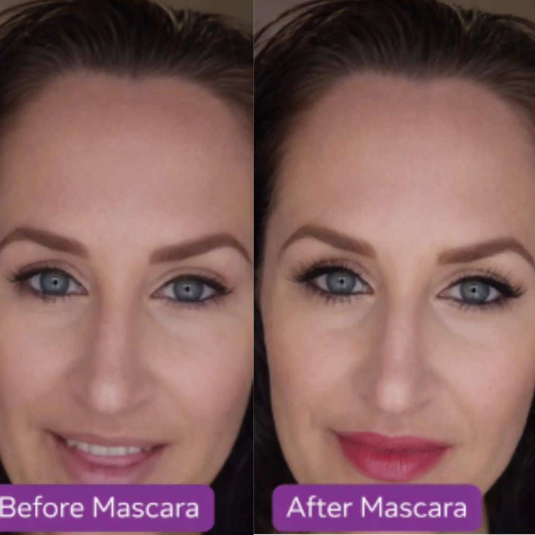 Before and after mascara comparison on a woman's face.