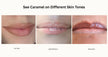 Lip color swatches on different skin tones with text 'See Caramel on Different Skin Tones'.