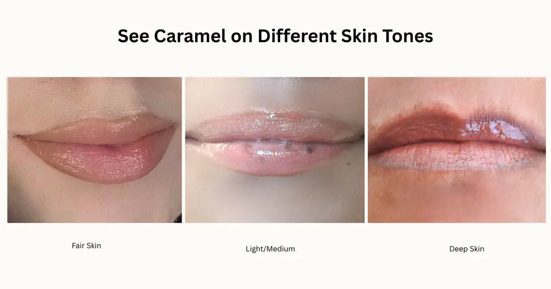Lip color swatches on different skin tones with text 'See Caramel on Different Skin Tones'.