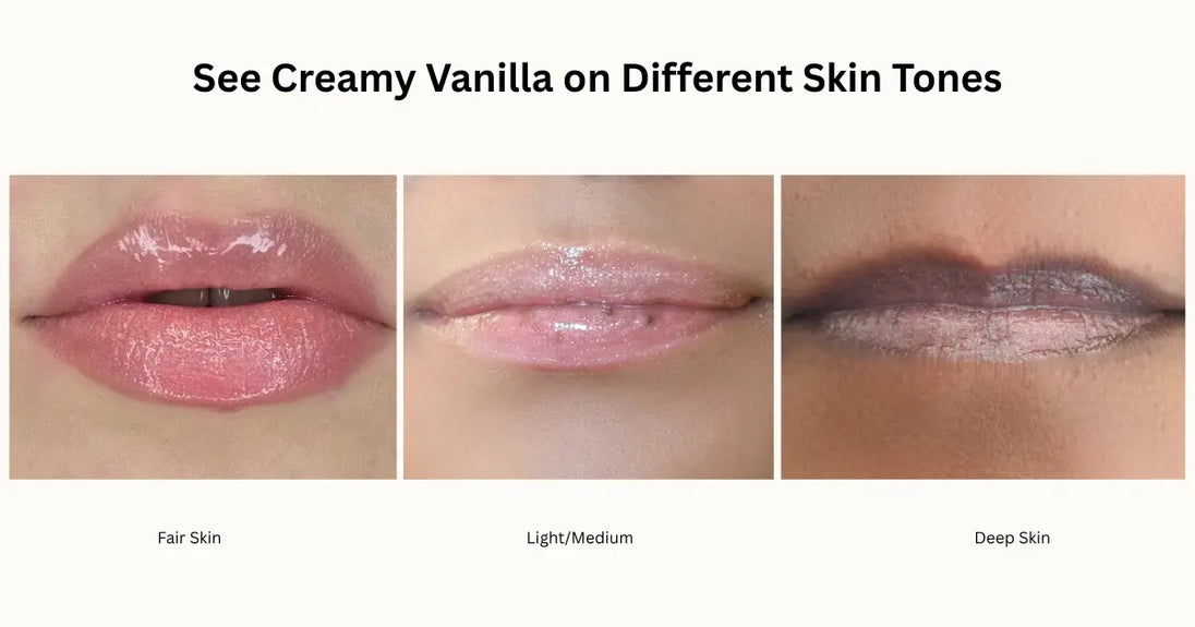 Lip color swatches on different skin tones with text 'See Creamy Vanilla on Different Skin Tones'.