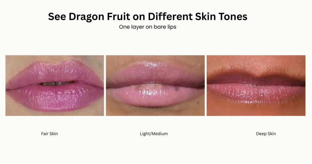 Three close-up lip swatches showing Dragon fruit glossy lips labeled Fair Skin, Light/Medium, and Deep Skin. 