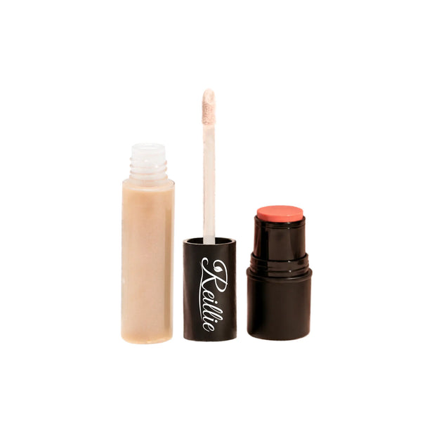 Reillie Makeup products including a lip gloss, applicator, and cheek tint on a white background.