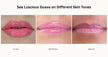 Lipstick color swatches on different skin tones with text 'See Luscious Guava on Different Skin Tones'.
