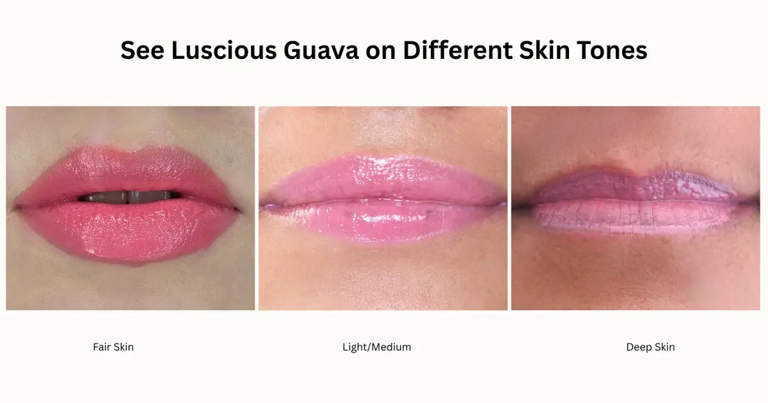 Lipstick color swatches on different skin tones with text 'See Luscious Guava on Different Skin Tones'.