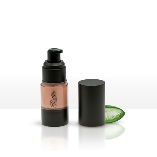 Reillie Beauty Organic Foundation in Ashlie, light beige shade in bottle with nourishing botanicals