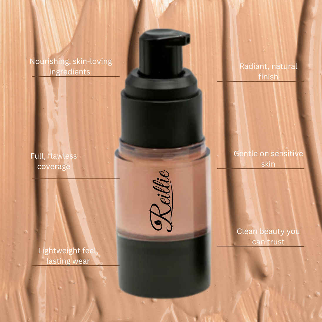 Reillie Beauty Organic Foundation in Lindsey, Neutral Light/Medium shade in bottle with air pump and taglines: gentle on sensitive skin, nourishing, full flawless coverage, lightweight
