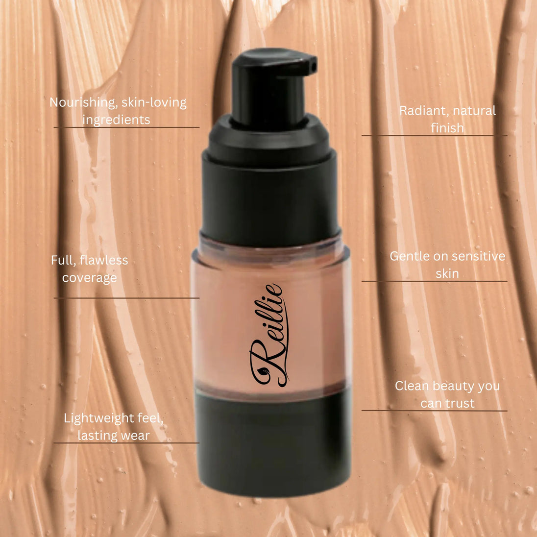 Reillie Beauty Organic Foundation in Meagan, Cool Light/Medium shade in bottle with taglines: gentle on sensitive skin, nourishing, full flawless coverage, lightweight